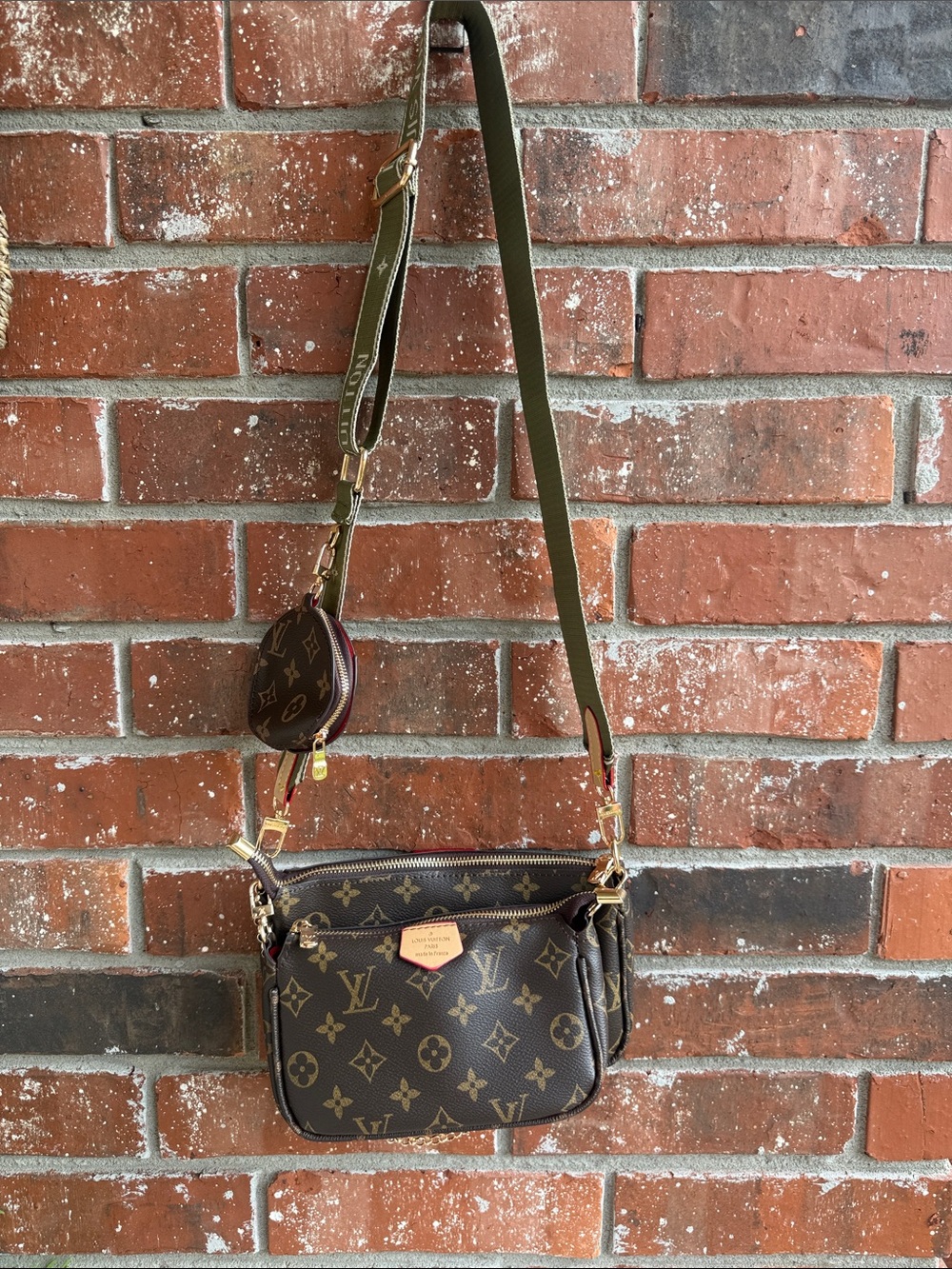 Brown Monogram Crossbody Bag with Coin Pouch with red interior